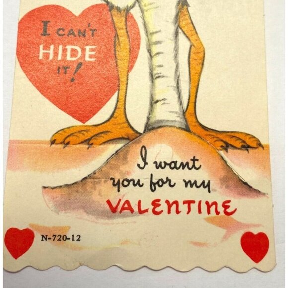 Valentines Day Greeting Card Ostrich Head in the Sand Hearts Vintage 1940s - Picture 5 of 6